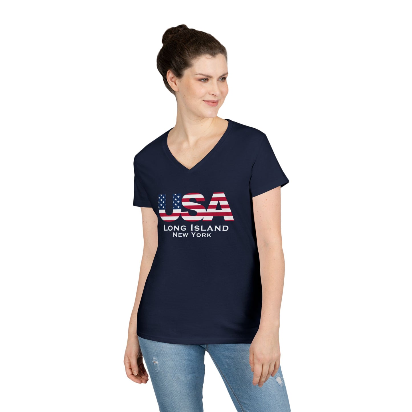 USA What's Up Long Island? Ladies' V-Neck T-Shirt | Patriotic Top, Summer Wear, Travel Tee, Gift for Her, Independence Day