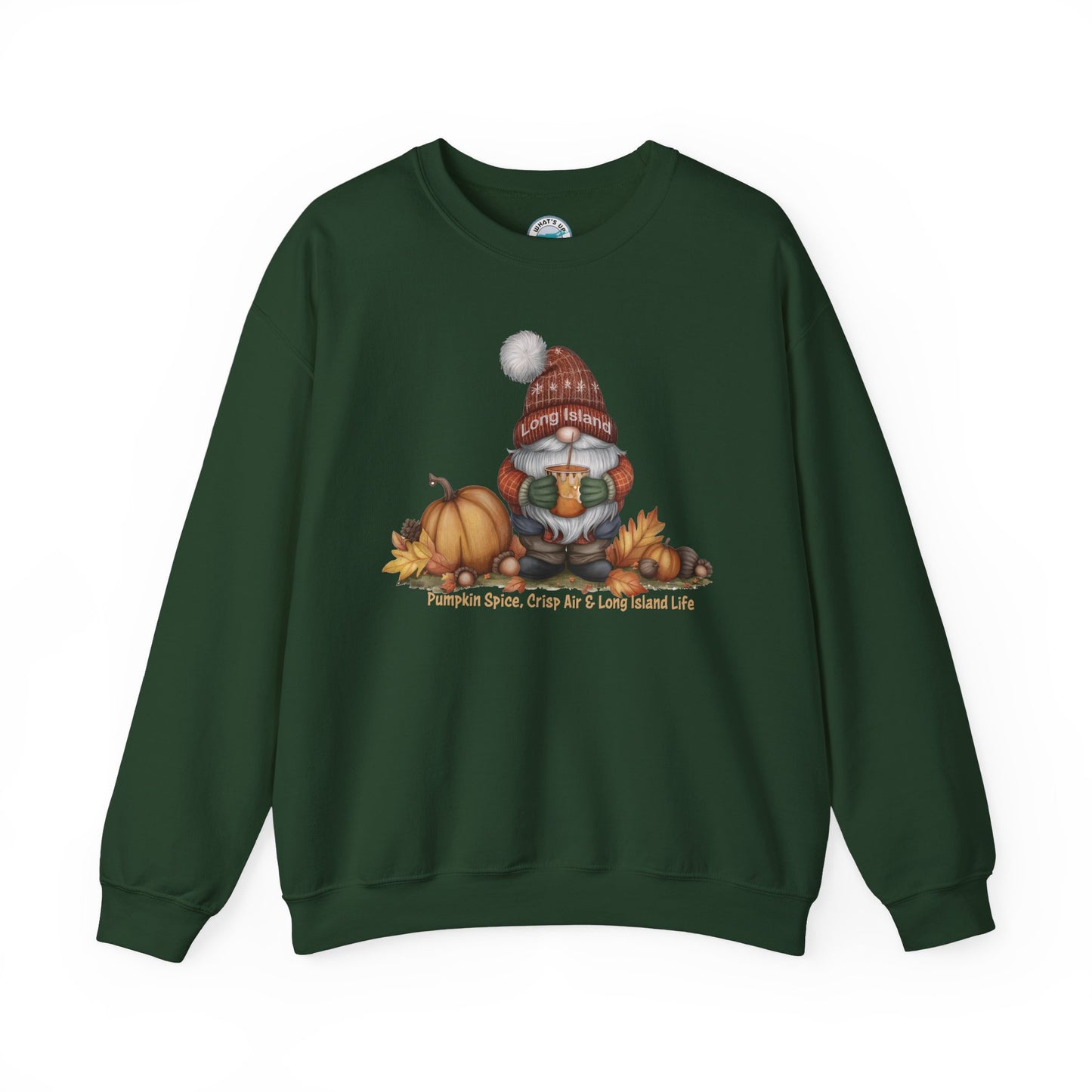 What's Up Long Island? Fall Gnome Sweatshirt: Pumpkin Spice Vibes, Cozy Autumn Apparel, Thanksgiving Gift, Unisex Crewneck, Seasonal Style