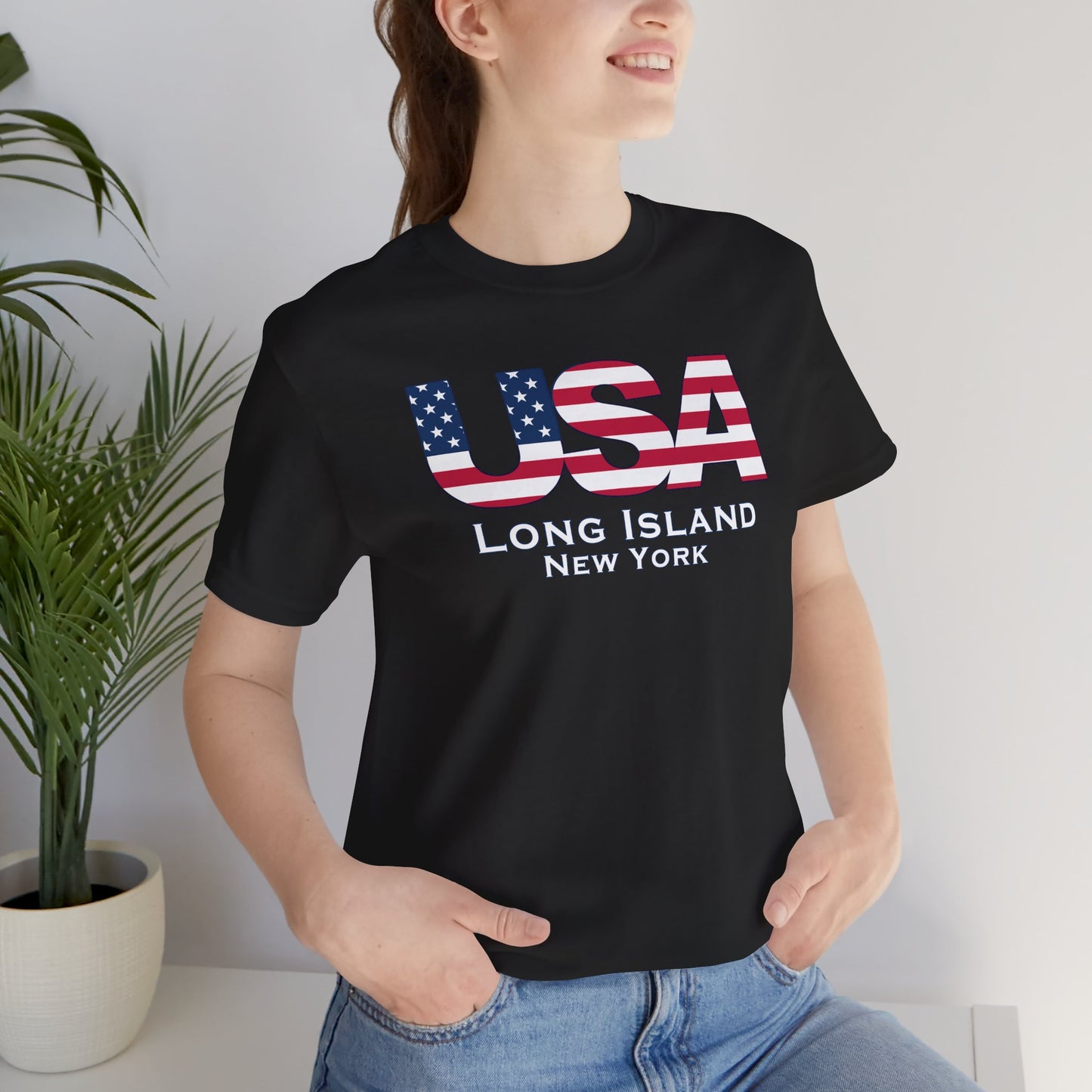 USA What's Up Long Island? Flag Tee - Unisex Jersey Short Sleeve Shirt - Print on front and back