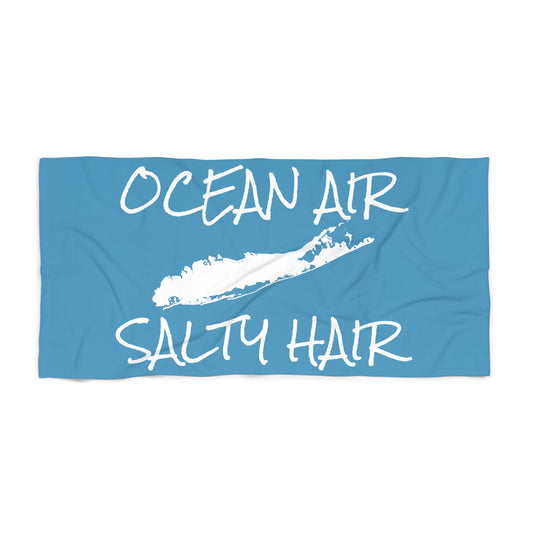 What's Up Long Island? Light Blue Beach Towel - Ocean Air, Salty Hair with Map of Long Island