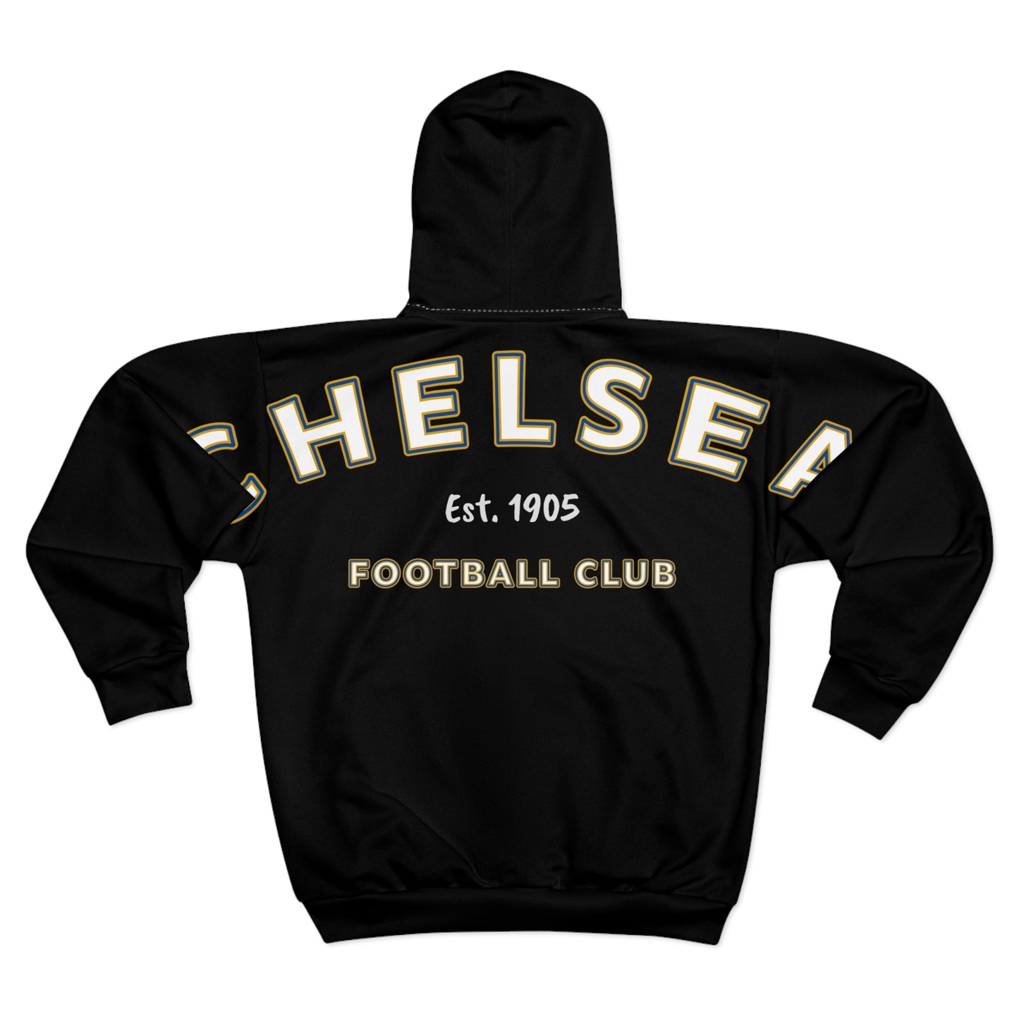 Chelsea Football Club Zip Hoodie — Black Full-Zip Jacket with Crest & Back Print