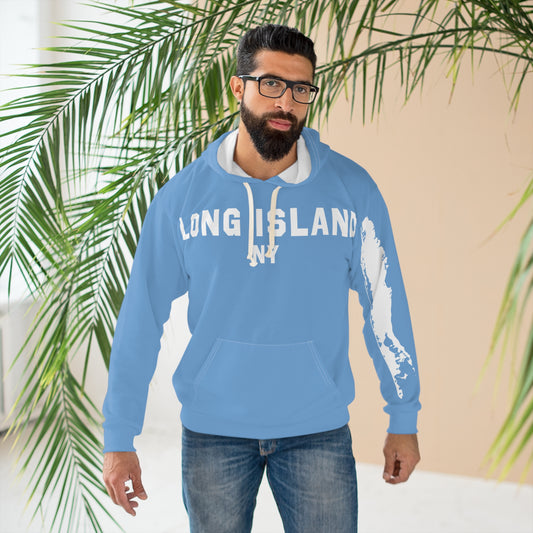 What's Up Long Island? NY Blue, Unisex Pullover Hoodie map on sleeve, Cozy Sweatshirt, Perfect Gift for Friends
