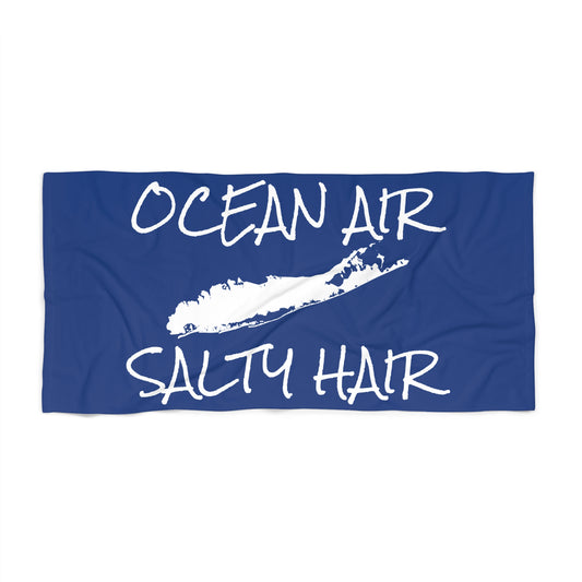 What's Up Long Island? Dark Blue Beach Towel - Ocean Air, Salty Hair with Map of Long Island