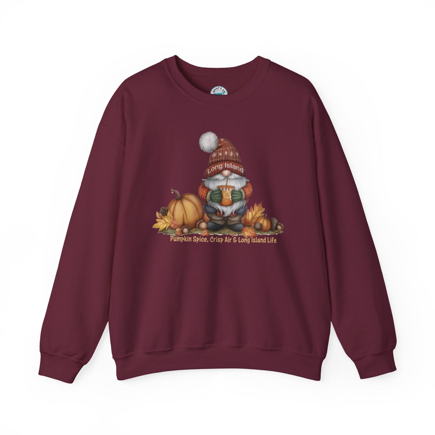 What's Up Long Island? Fall Gnome Sweatshirt: Pumpkin Spice Vibes, Cozy Autumn Apparel, Thanksgiving Gift, Unisex Crewneck, Seasonal Style