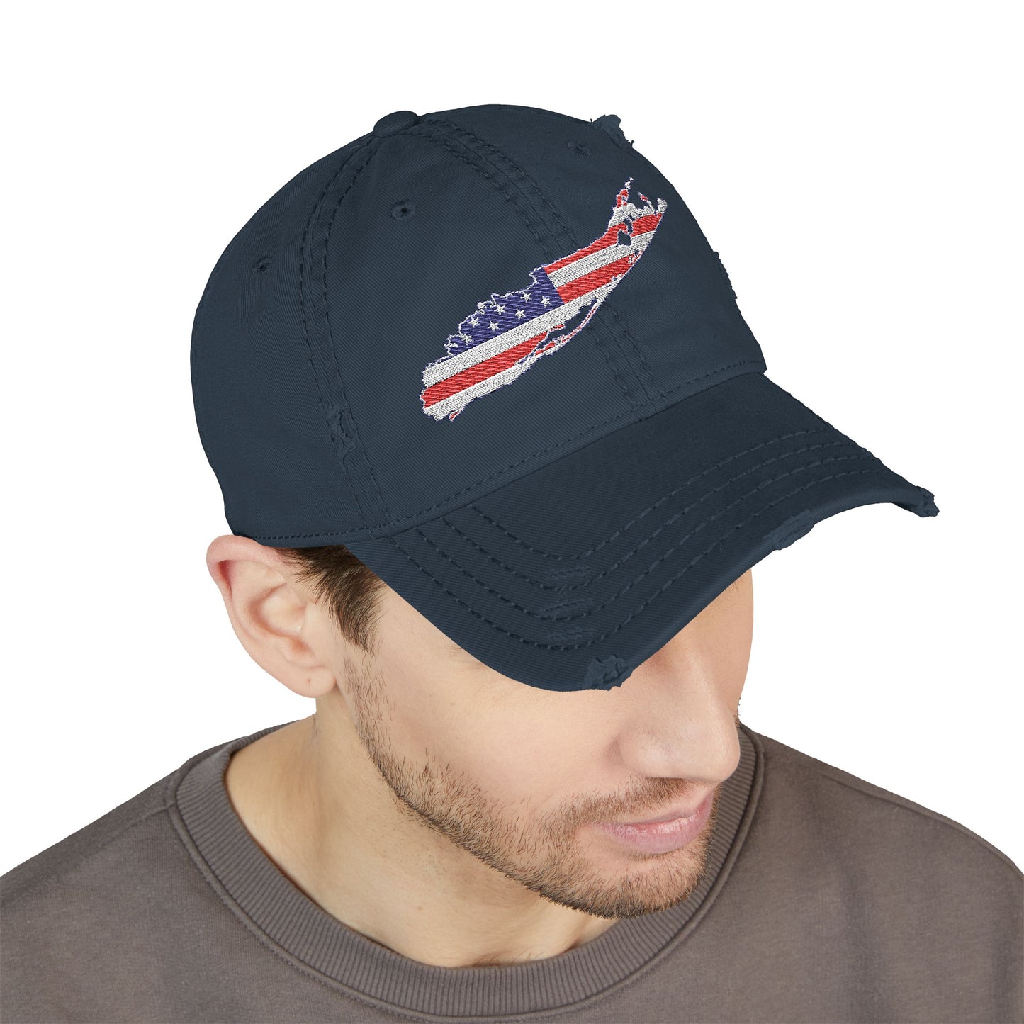What's Up Long Island? Distressed Embroidered USA Flag Hat — Long Island American State Baseball Cap