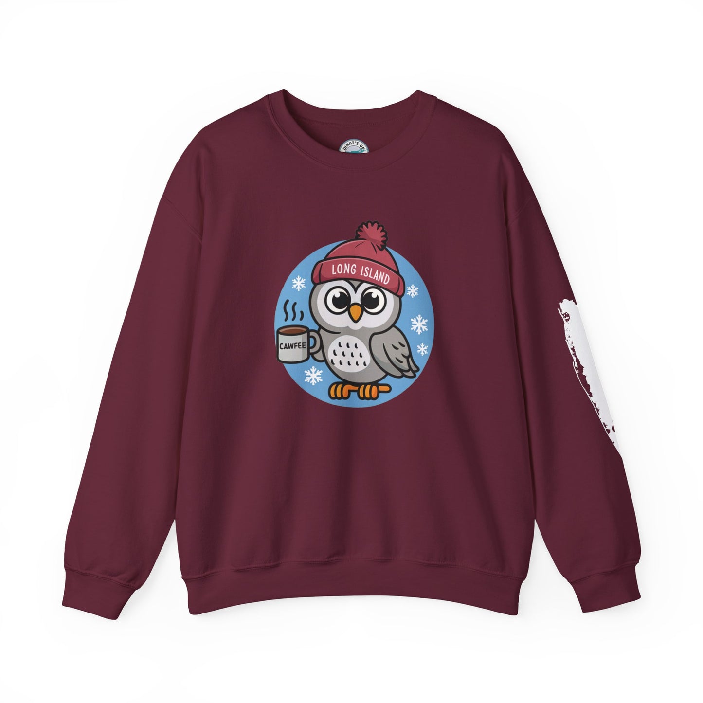 What's Up Long Island?  Cawfee Theme, Cute Winter Owl Sweatshirt, Holiday Gift, Cozy Winter Wear, Unisex Apparel