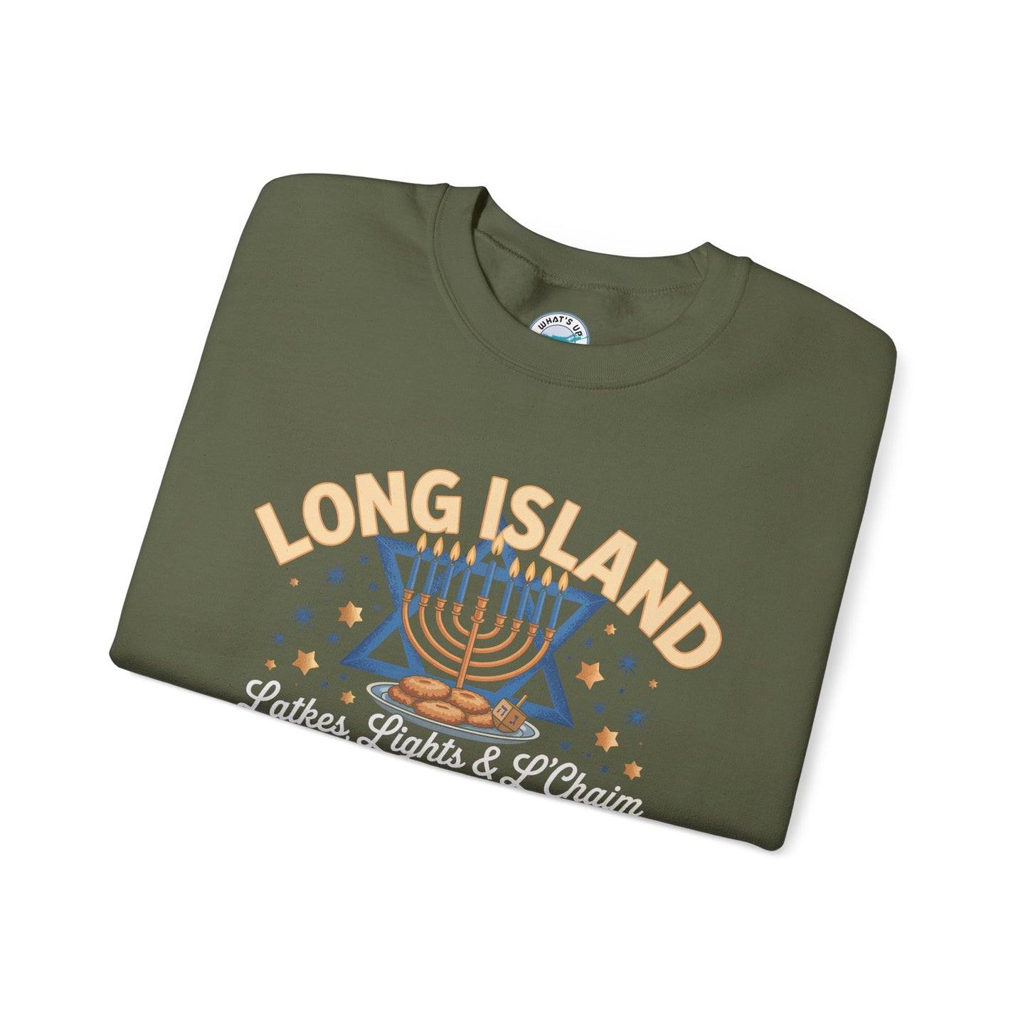 What's Up Long Island? Latkes, Lights & L'Chaim - Menorah Sweatshirt, Cozy Crewneck for Celebrations, Hanukkah Gift, Unisex Sweatshirt, Festive Holiday Apparel, Jewish Pride Wear