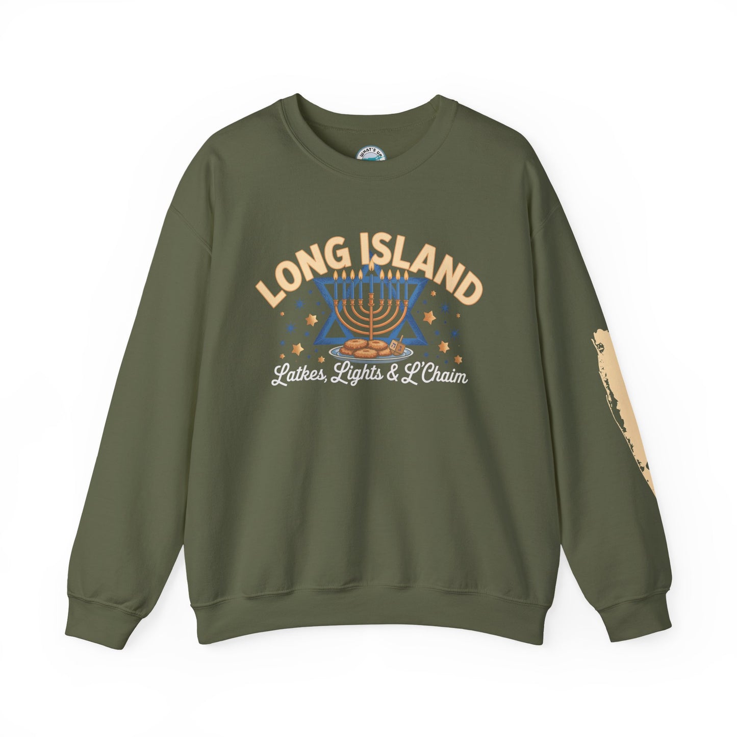 What's Up Long Island? Latkes, Lights & L'Chaim - Menorah Sweatshirt, Cozy Crewneck for Celebrations, Hanukkah Gift, Unisex Sweatshirt, Festive Holiday Apparel, Jewish Pride Wear