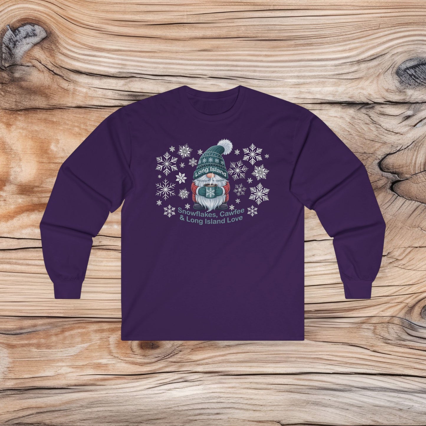 What's Up Long Island? Cute Winter Gnome Long Sleeve Tee, Cozy Holiday Gift, Unisex Tee, Perfect for Christmas, Winter Parties, and Everyday Wear