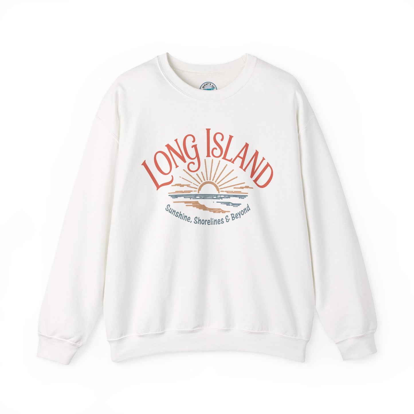 What's Up Long Island? Sunshine, Shorelines & Beyond - Sunset Crewneck Sweatshirt – Beach Vibes, Shoreline Graphic
