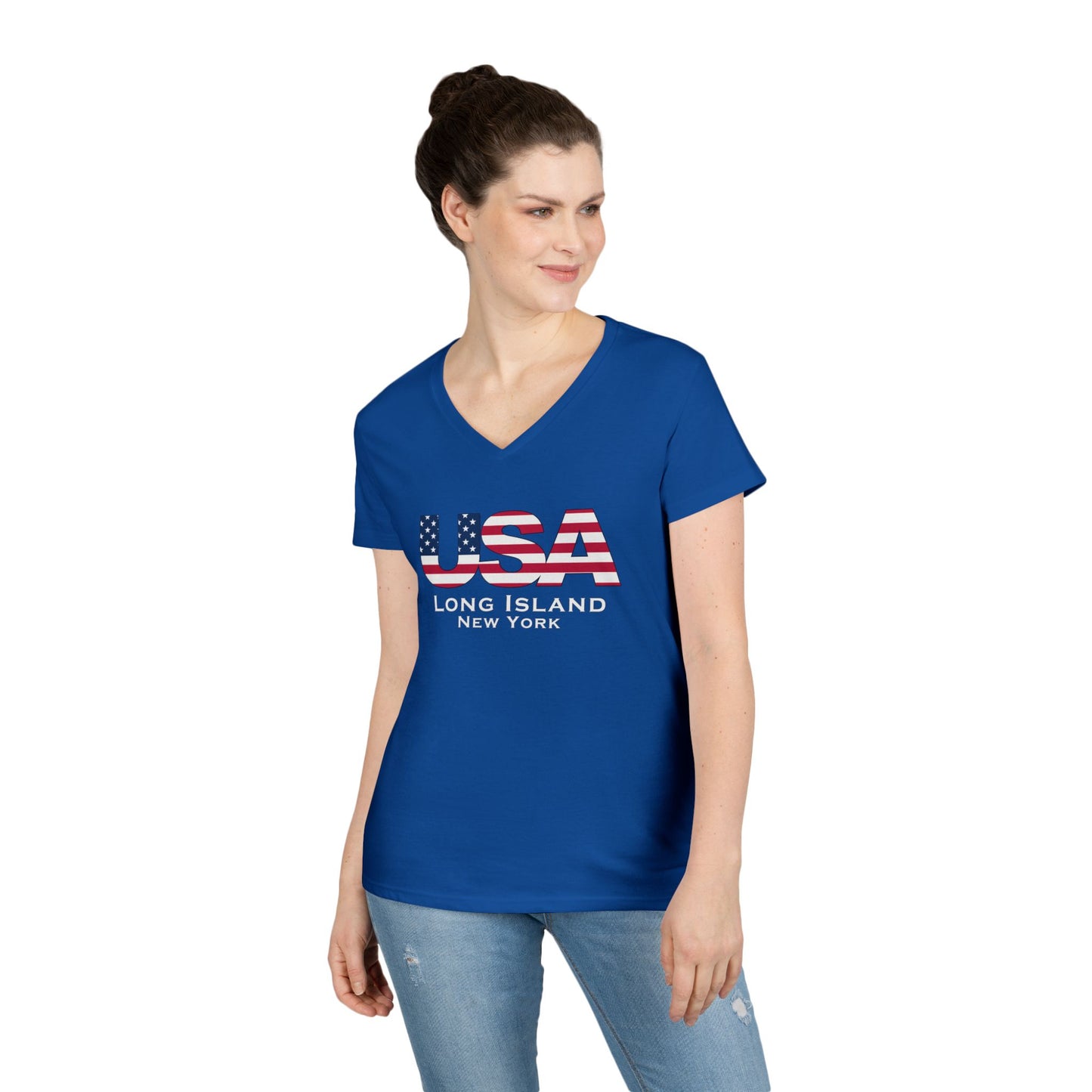 USA What's Up Long Island? Ladies' V-Neck T-Shirt | Patriotic Top, Summer Wear, Travel Tee, Gift for Her, Independence Day