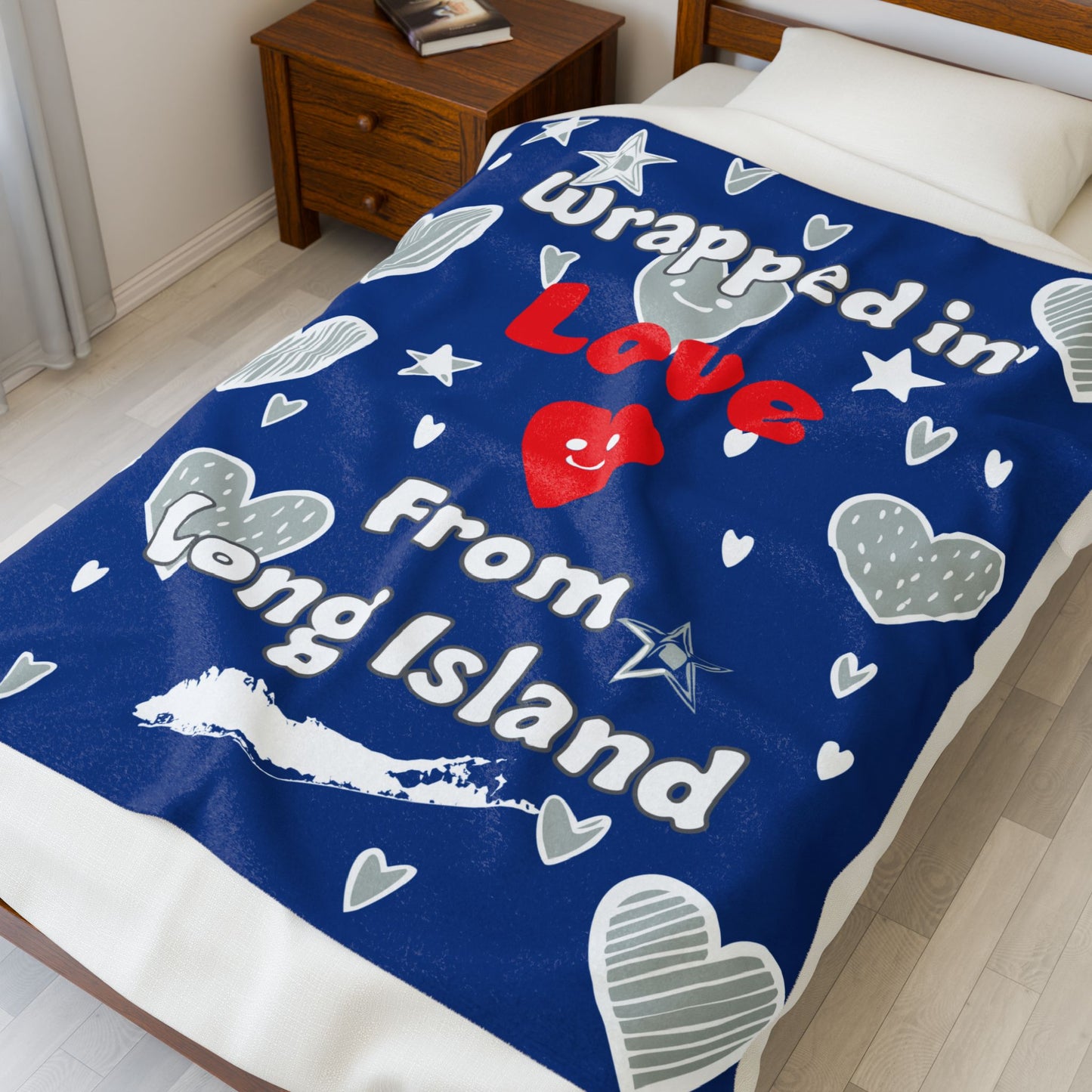 What's Up Long Island? Wrapped in Love Blue Cozy Velveteen Plush BlanketSoft Throw Blanket, Heart Design, Gift for Loved Ones