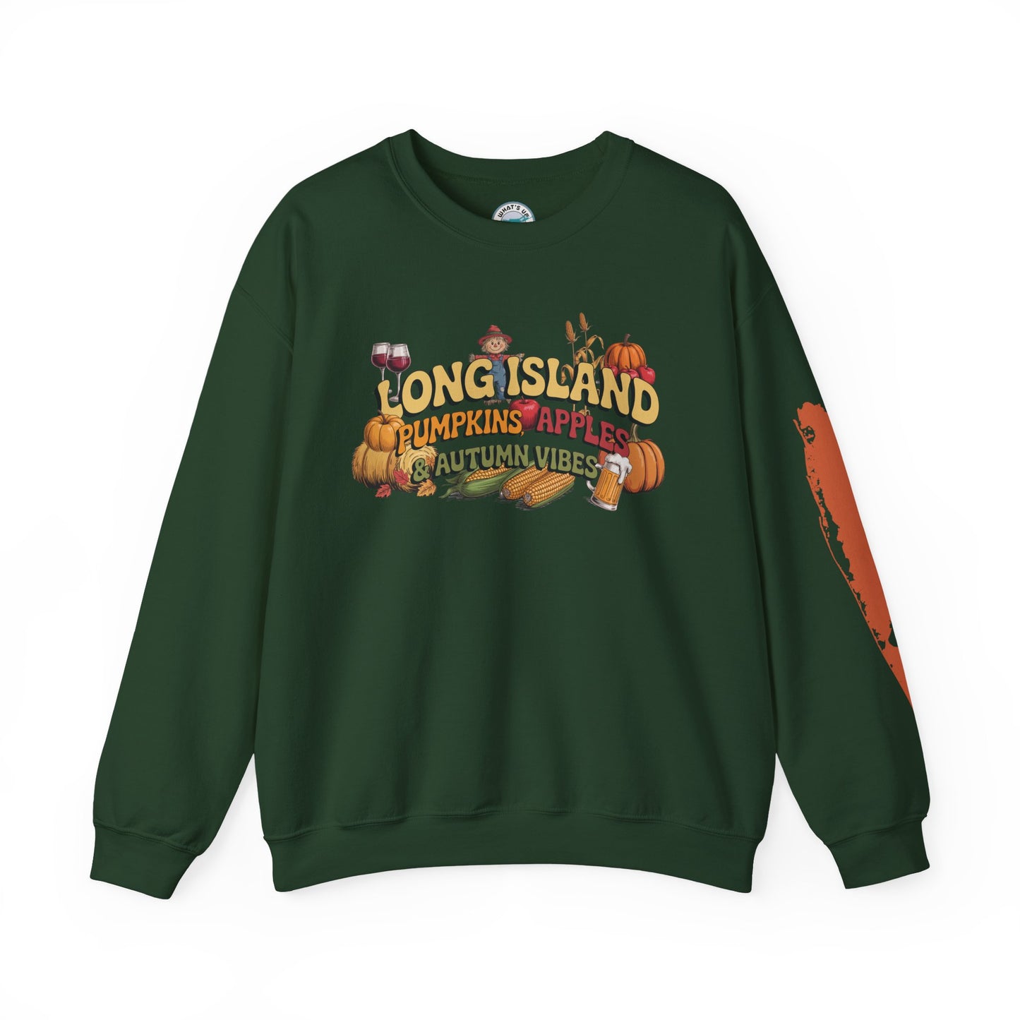 What's Up Long Island? Pumpkin, Apples & Autumn Vibes Crewneck Sweatshirt | Fall Sweater, Unisex Apparel, Thanksgiving Gift