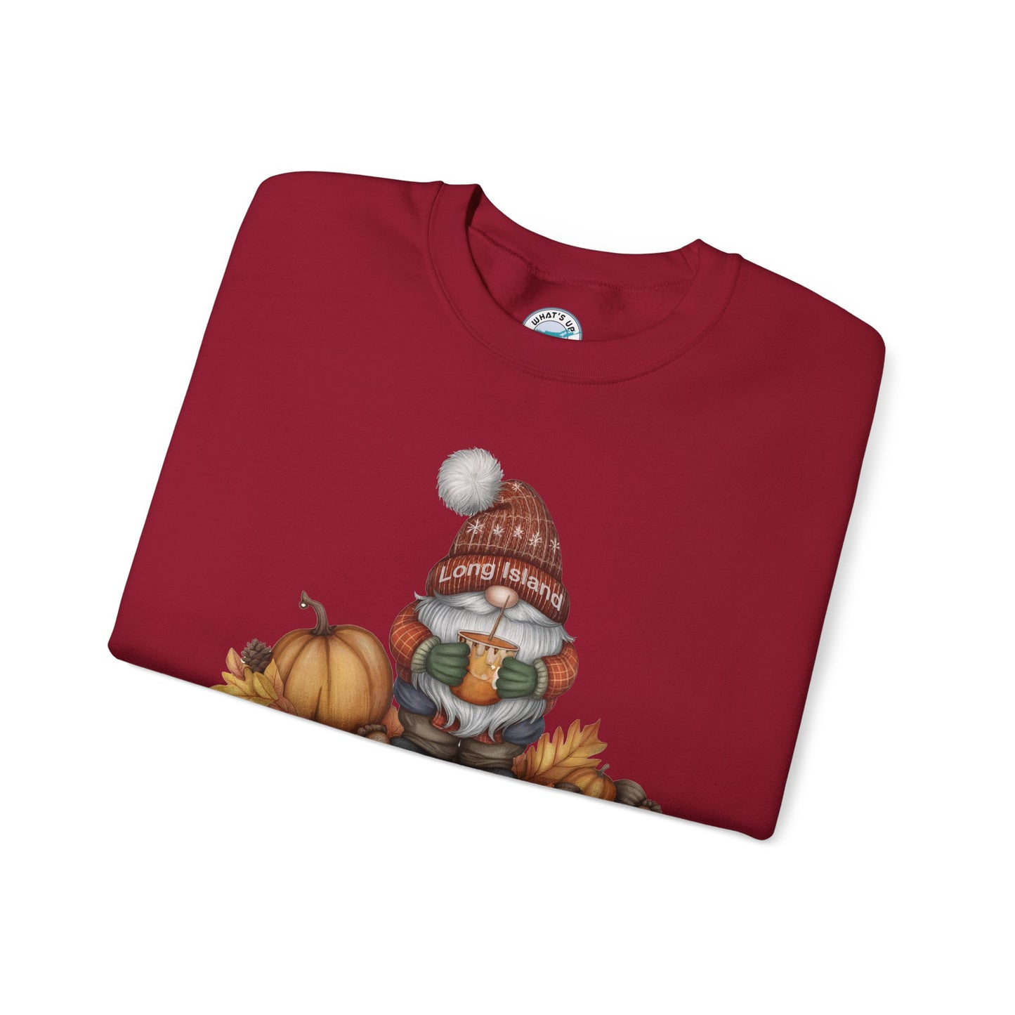 What's Up Long Island? Fall Gnome Sweatshirt: Pumpkin Spice Vibes, Cozy Autumn Apparel, Thanksgiving Gift, Unisex Crewneck, Seasonal Style