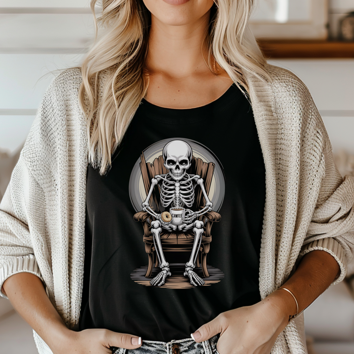 What's Up Long Island? Skeleton Holding Cawfee & Bagel T-shirt, perfect for Halloween or anytime you want