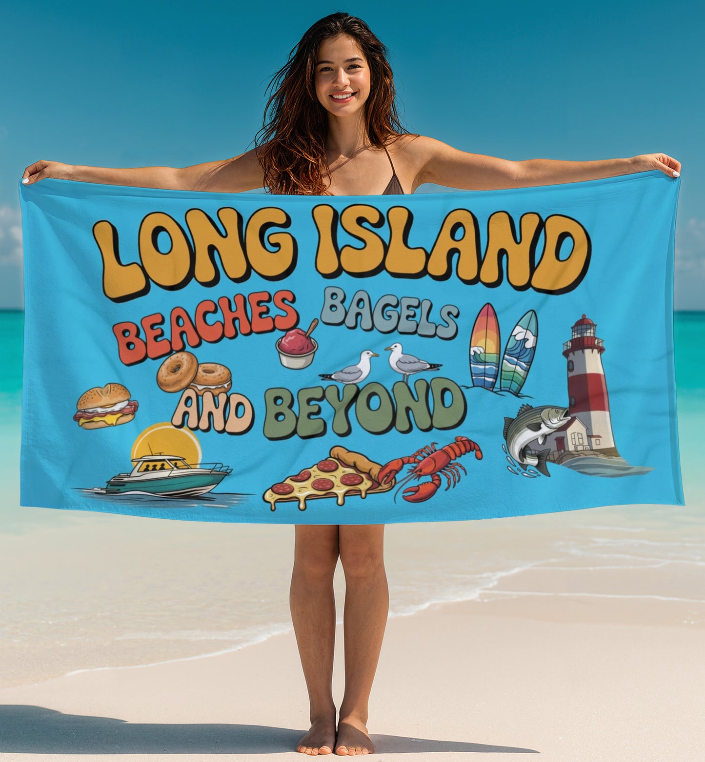 What's Up Long Island? 5 Colors - Beaches, Bagels and Beyond Beach Towel - Fun Summer Vibes for Long Island Beach Lovers