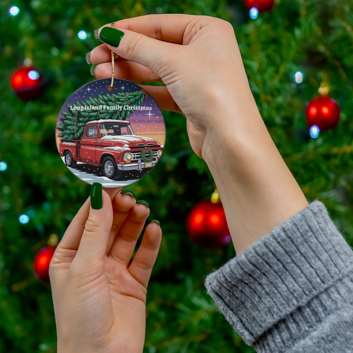 What's Up Long Island? Family Christmas Personalized Ornament – Vintage Truck with Tree, Custom Family Name & Year