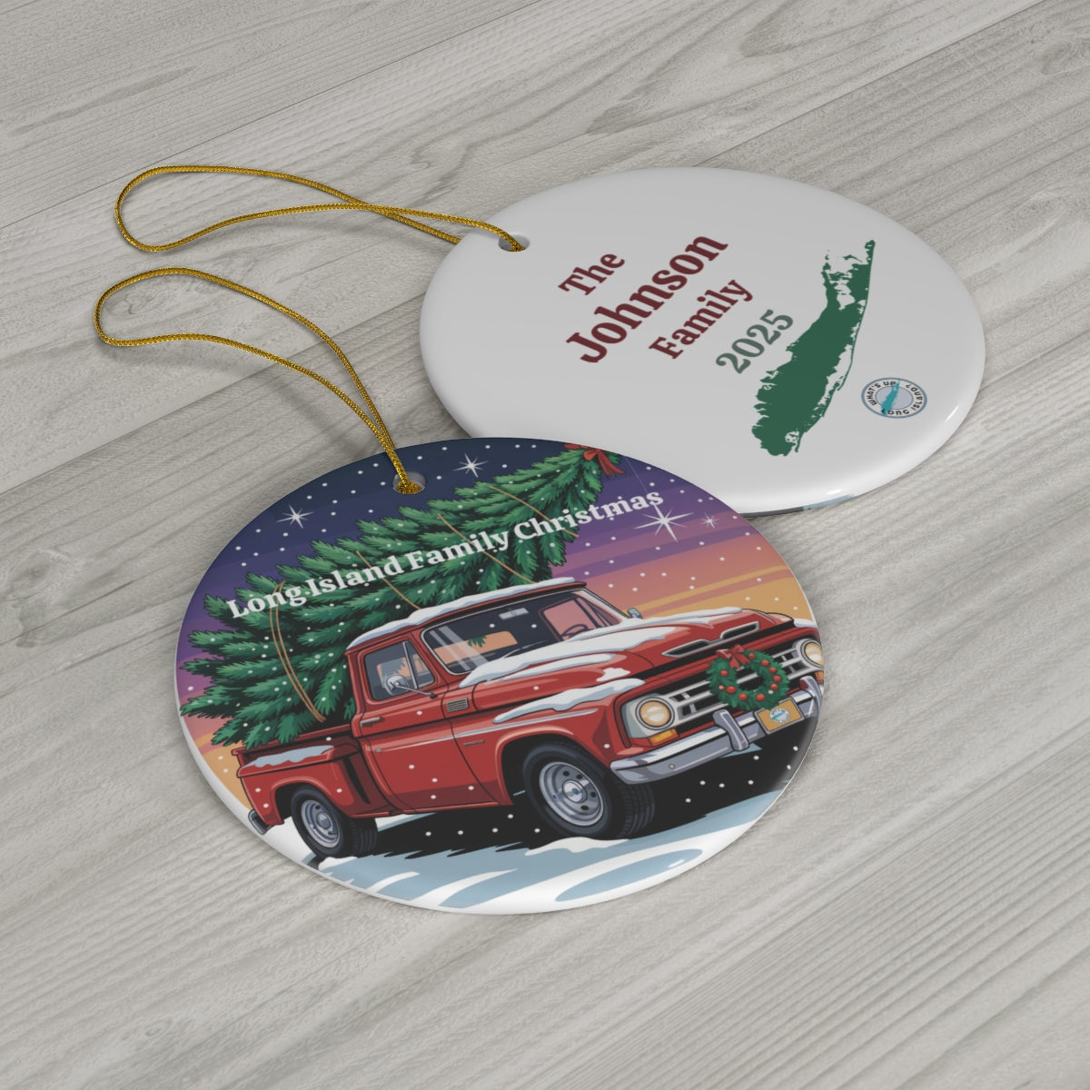 What's Up Long Island? Family Christmas Personalized Ornament – Vintage Truck with Tree, Custom Family Name & Year