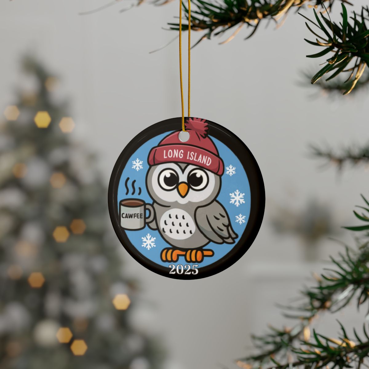 What's Up Long Island? Owl “Cawfee Time” Personalized Ornament – Add Your Year or Name - Makes great office gifts!