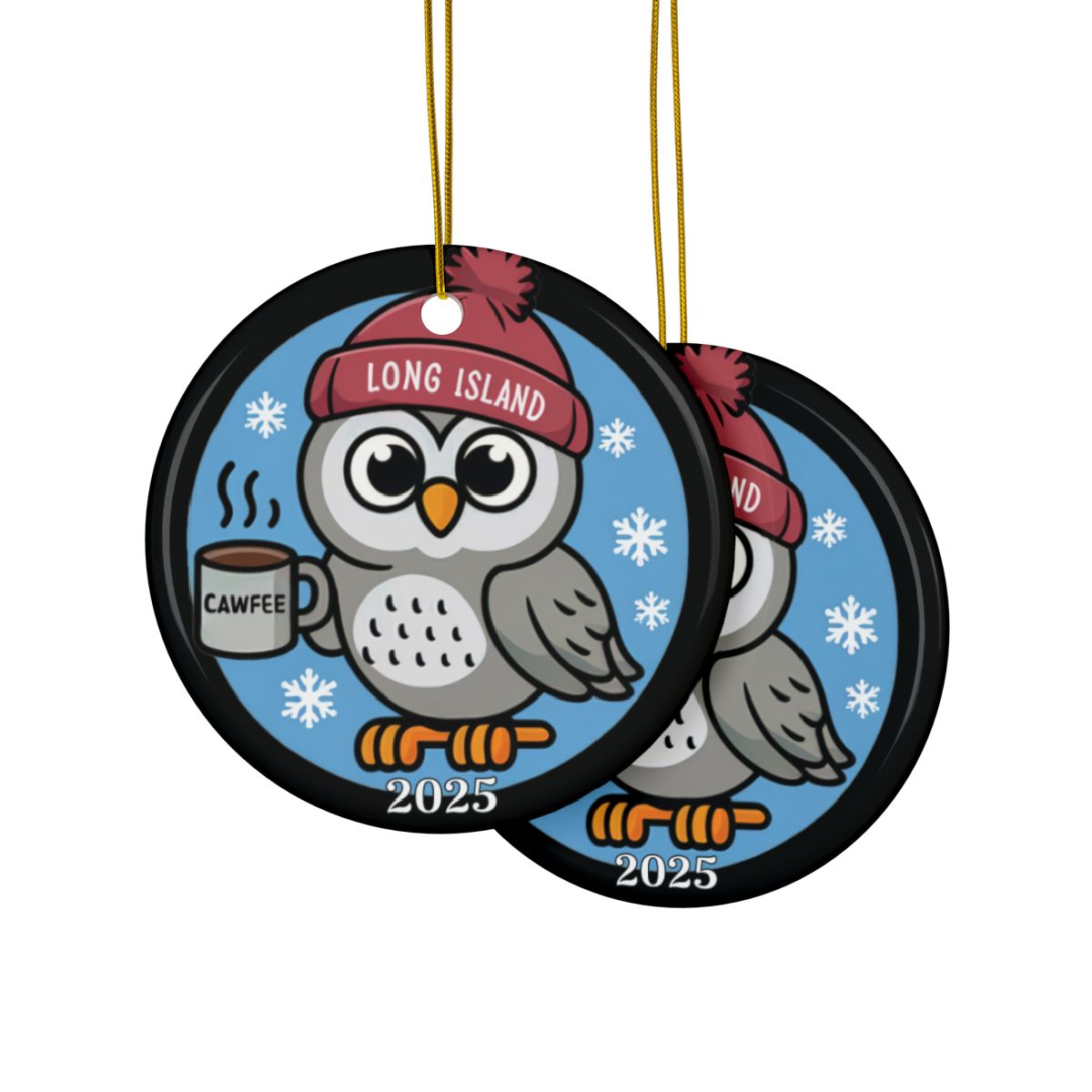What's Up Long Island? Owl “Cawfee Time” Personalized Ornament – Add Your Year or Name - Makes great office gifts!