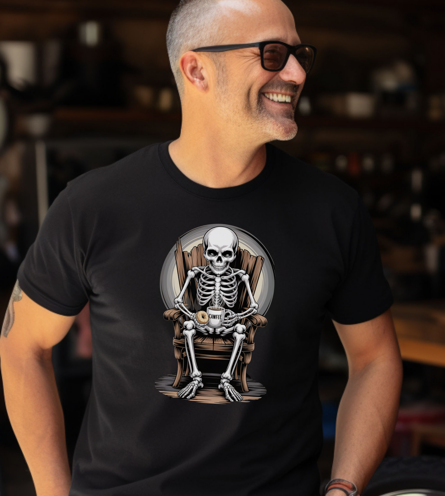 What's Up Long Island? Skeleton Holding Cawfee & Bagel T-shirt, perfect for Halloween or anytime you want