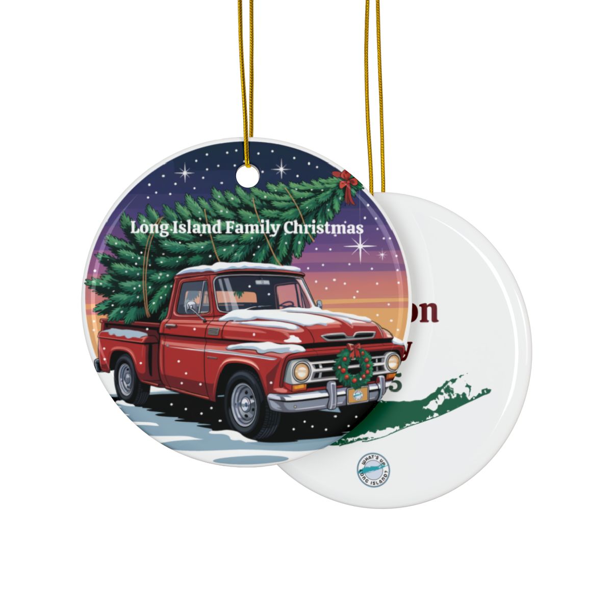 What's Up Long Island? Family Christmas Personalized Ornament – Vintage Truck with Tree, Custom Family Name & Year