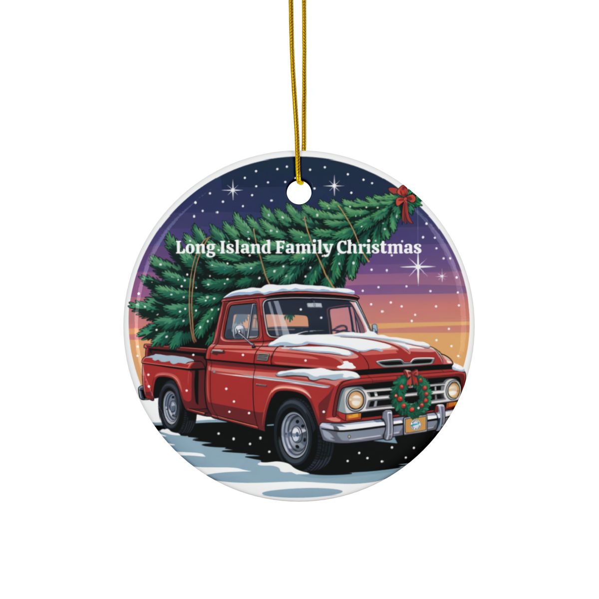 What's Up Long Island? Family Christmas Personalized Ornament – Vintage Truck with Tree, Custom Family Name & Year