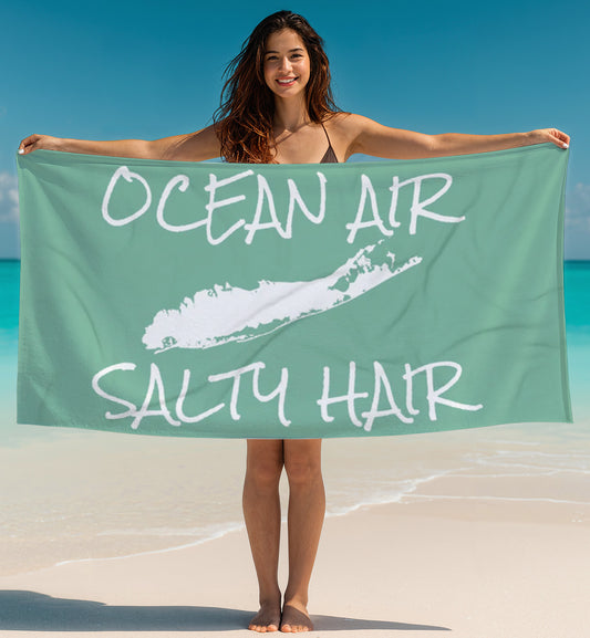 What's Up Long Island? 6 Colors - Beach Towel - Ocean Air, Salty Hair with Map of Long Island