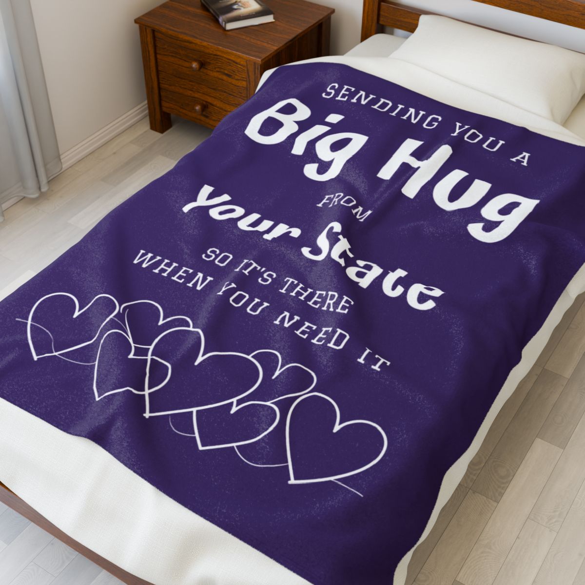PERSONALIZED - Add your own State or Town! 2 Sizes - Purple, Sending you a Big Hug Velveteen Blanket