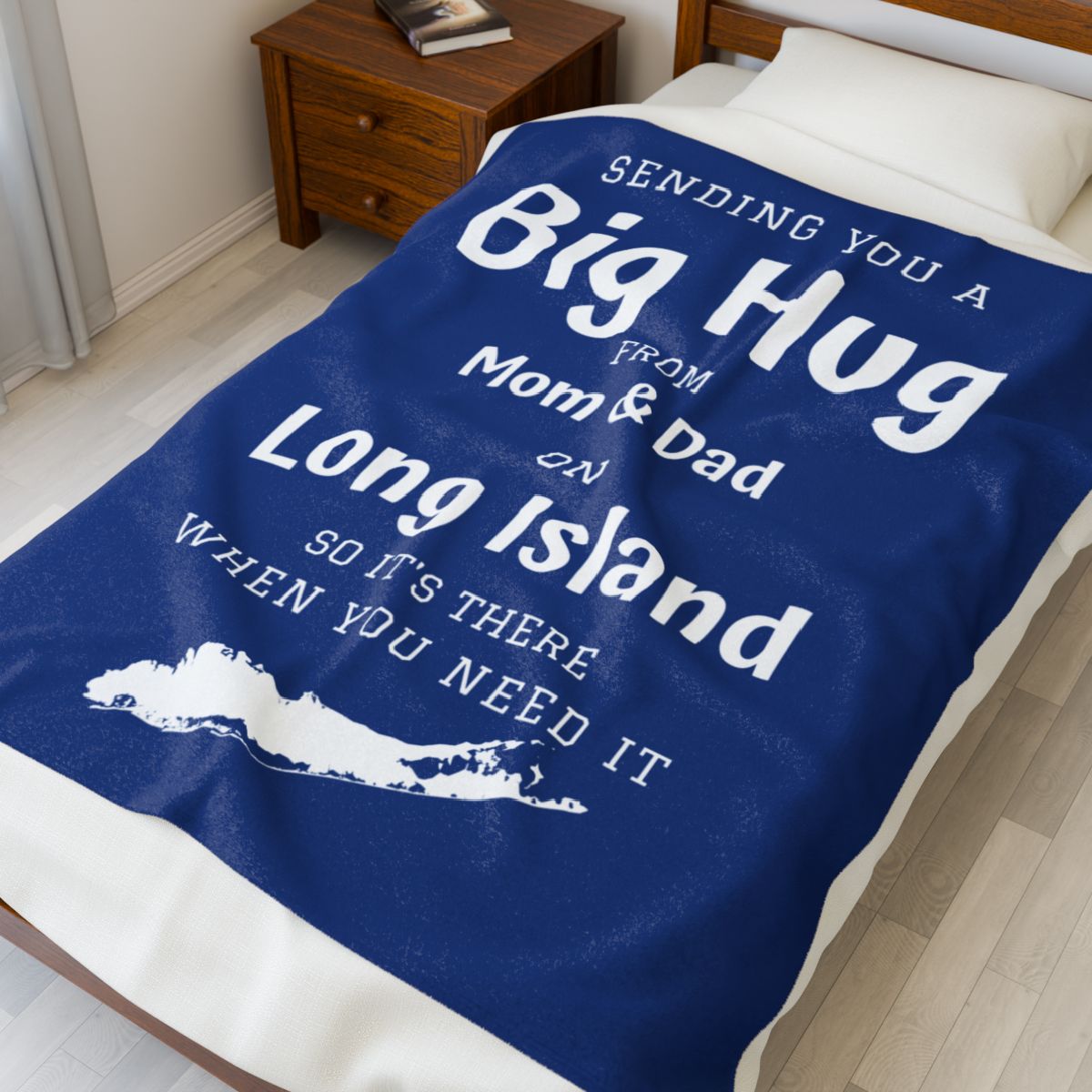 PERSONALIZED - 2 Sizes - Blue, What's up Long Island? Sending you a Big Hug Velveteen Blanket