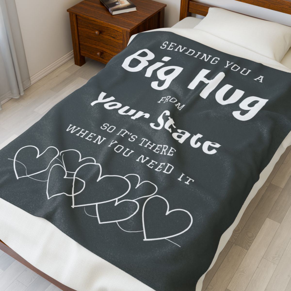PERSONALIZED - Add your own State or Town! 2 Sizes - Grey, Sending you a Big Hug Velveteen Blanket