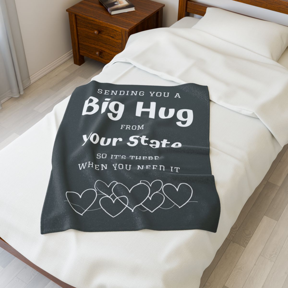 PERSONALIZED - Add your own State or Town! 2 Sizes - Grey, Sending you a Big Hug Velveteen Blanket