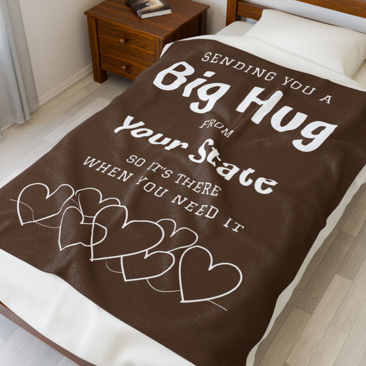 PERSONALIZED - Add your own State or Town! 2 Sizes - Brown, Sending you a Big Hug Velveteen Blanket
