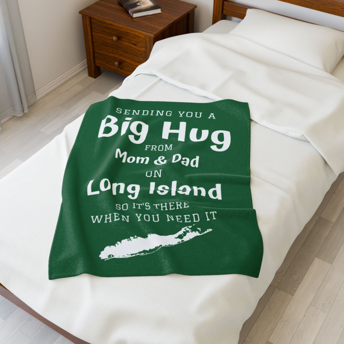 PERSONALIZED - 2 Sizes - Green, What's up Long Island? Sending you a Big Hug Velveteen Blanket