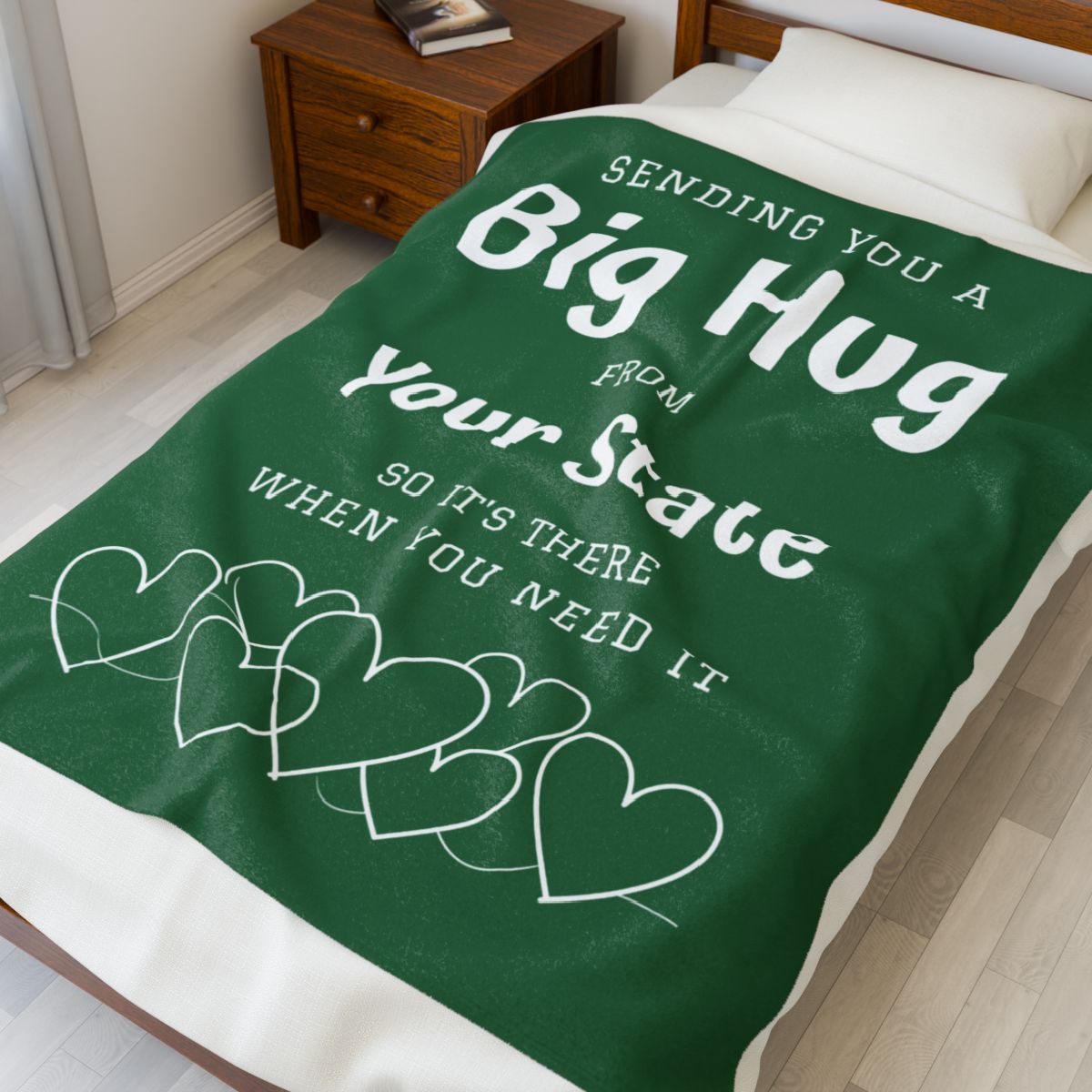 PERSONALIZED - Add your own State or Town! 2 Sizes - Green, Sending you a Big Hug Velveteen Blanket