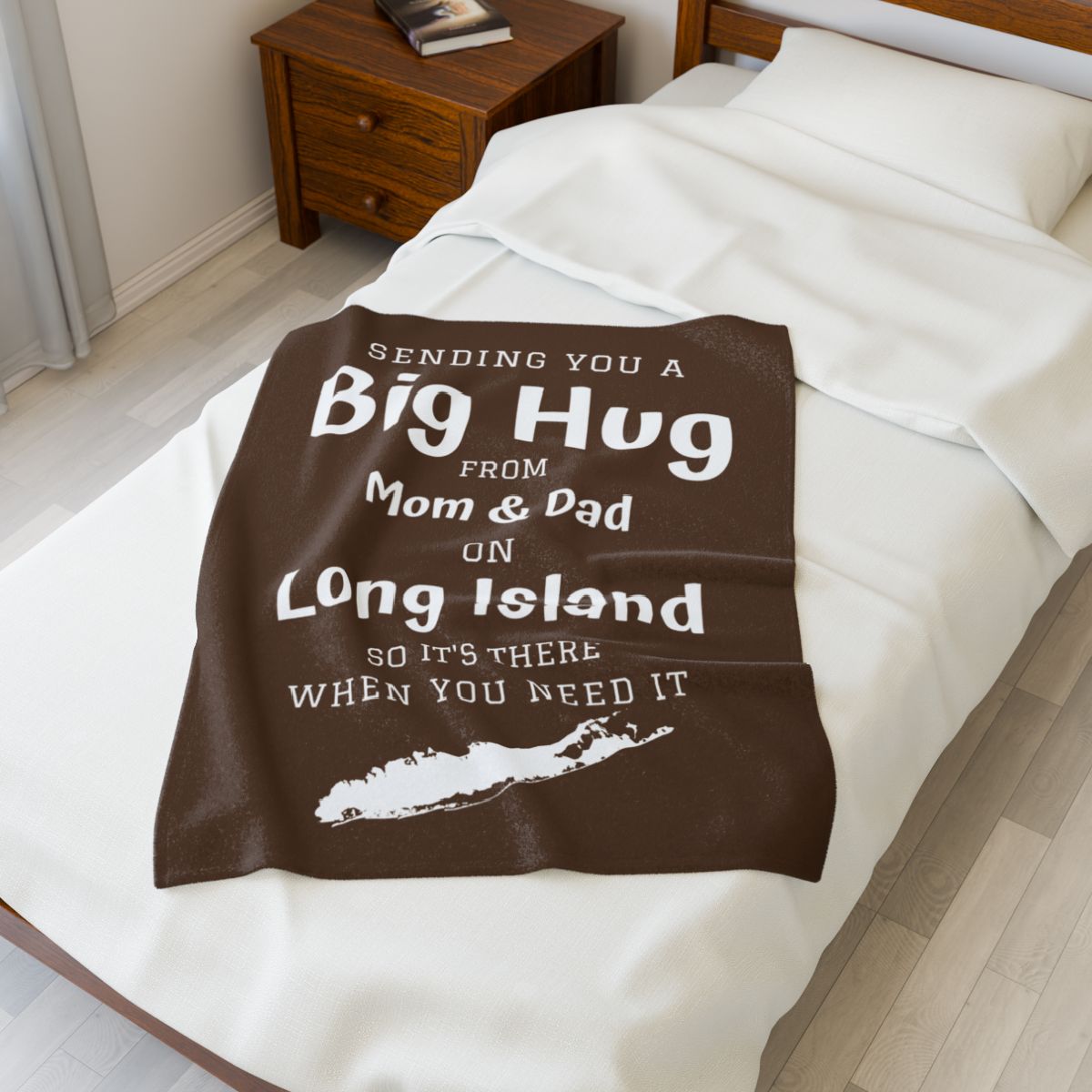 PERSONALIZED - 2 Sizes - Brown, What's up Long Island? Sending you a Big Hug Velveteen Blanket