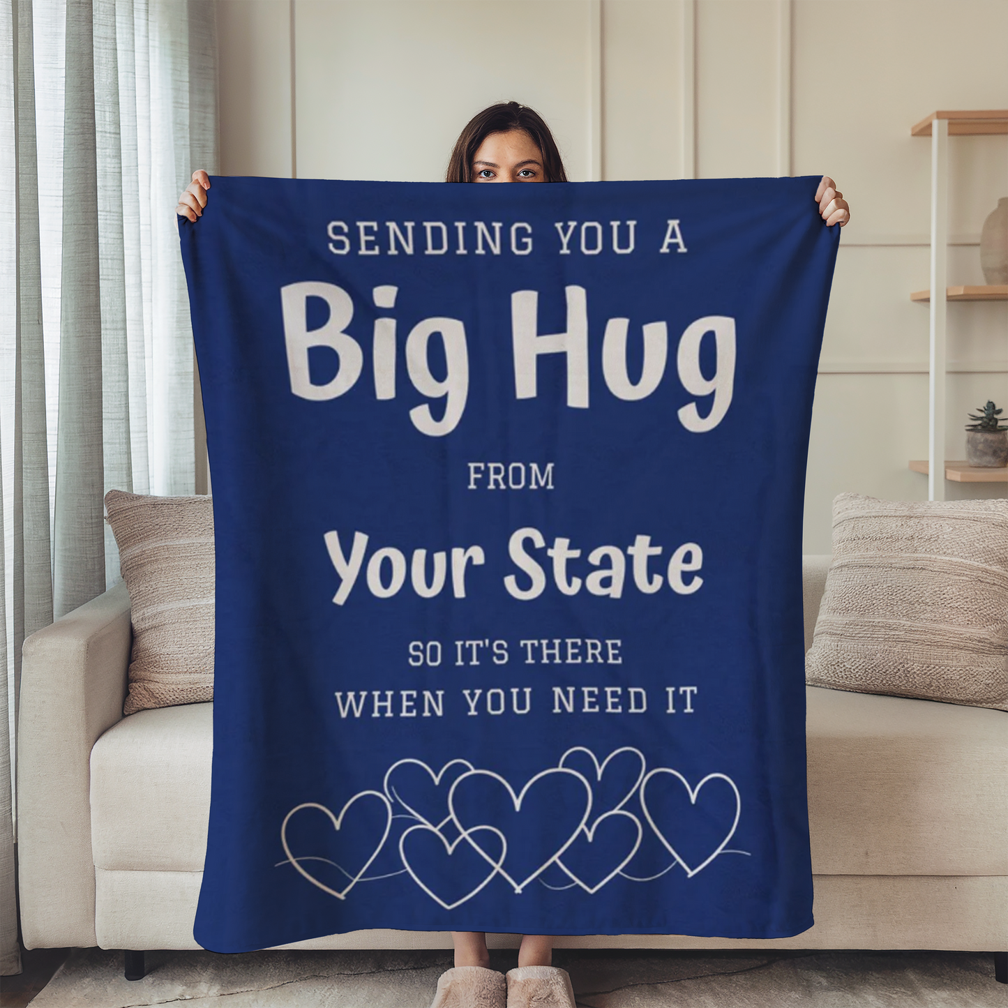 PERSONALIZED - Add your own State or Name! 2 Sizes, 6 Colors - Blue, Sending you a Big Hug Velveteen Blanket